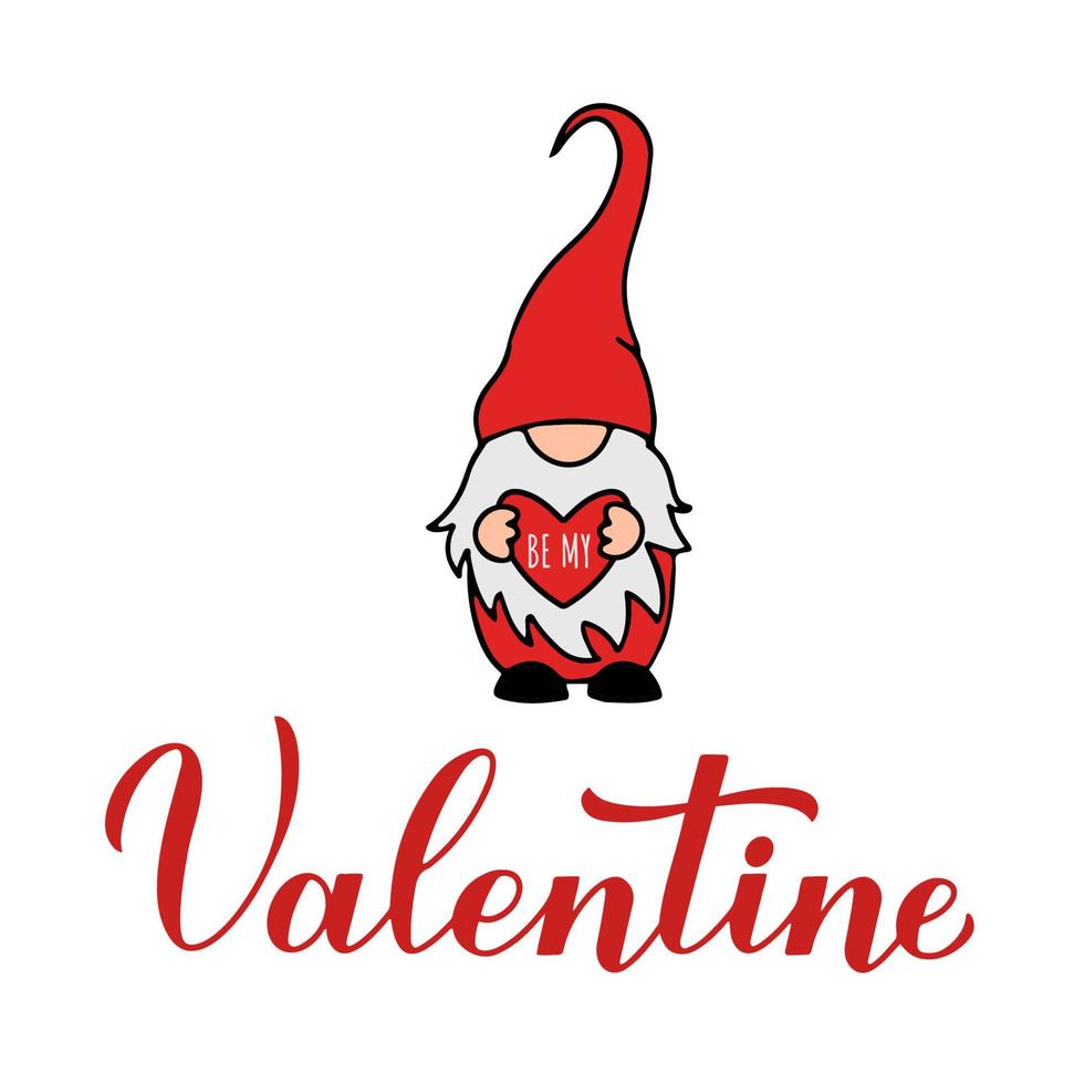 Be my Valentine hand lettering with cute gnome holding heart. Scandinavian Nordic Character. Vector template for Valentines Day banner, poster, greeting card, t shirt, etc