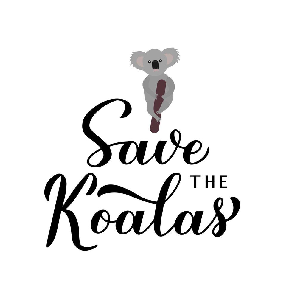 Save the koalas lettering with sad cartoon baby koala isolated on white. Affected animals fire concept. Vector template for banner, typography poster, flyer, sticker, t-shirt, etc.