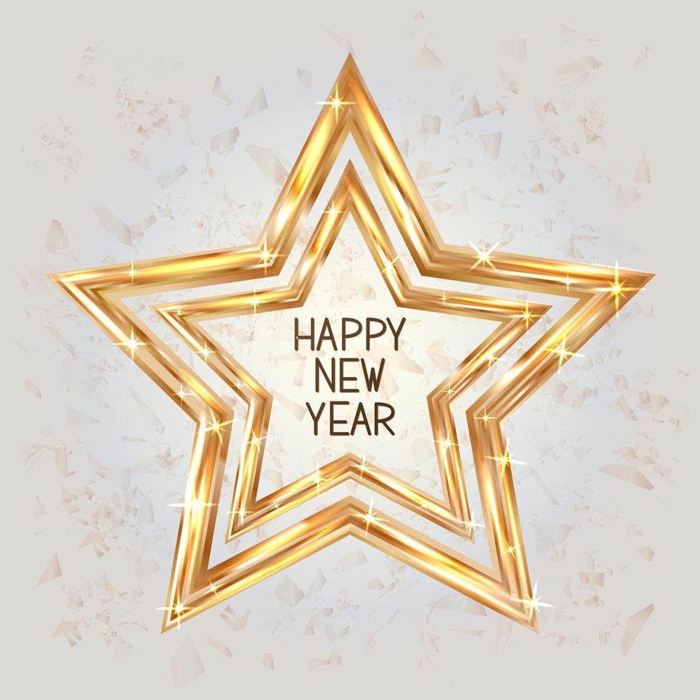 Happy New Year greeting card with gold stars. Golden shapes vector illustration.