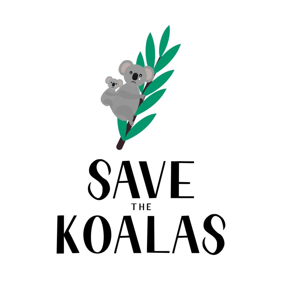 Save the koalas lettering and crying cartoon koala with baby isolated on white. Affected animals from fires concept. Vector template for banner, typography poster, flyer, sticker, t-shirt, etc.