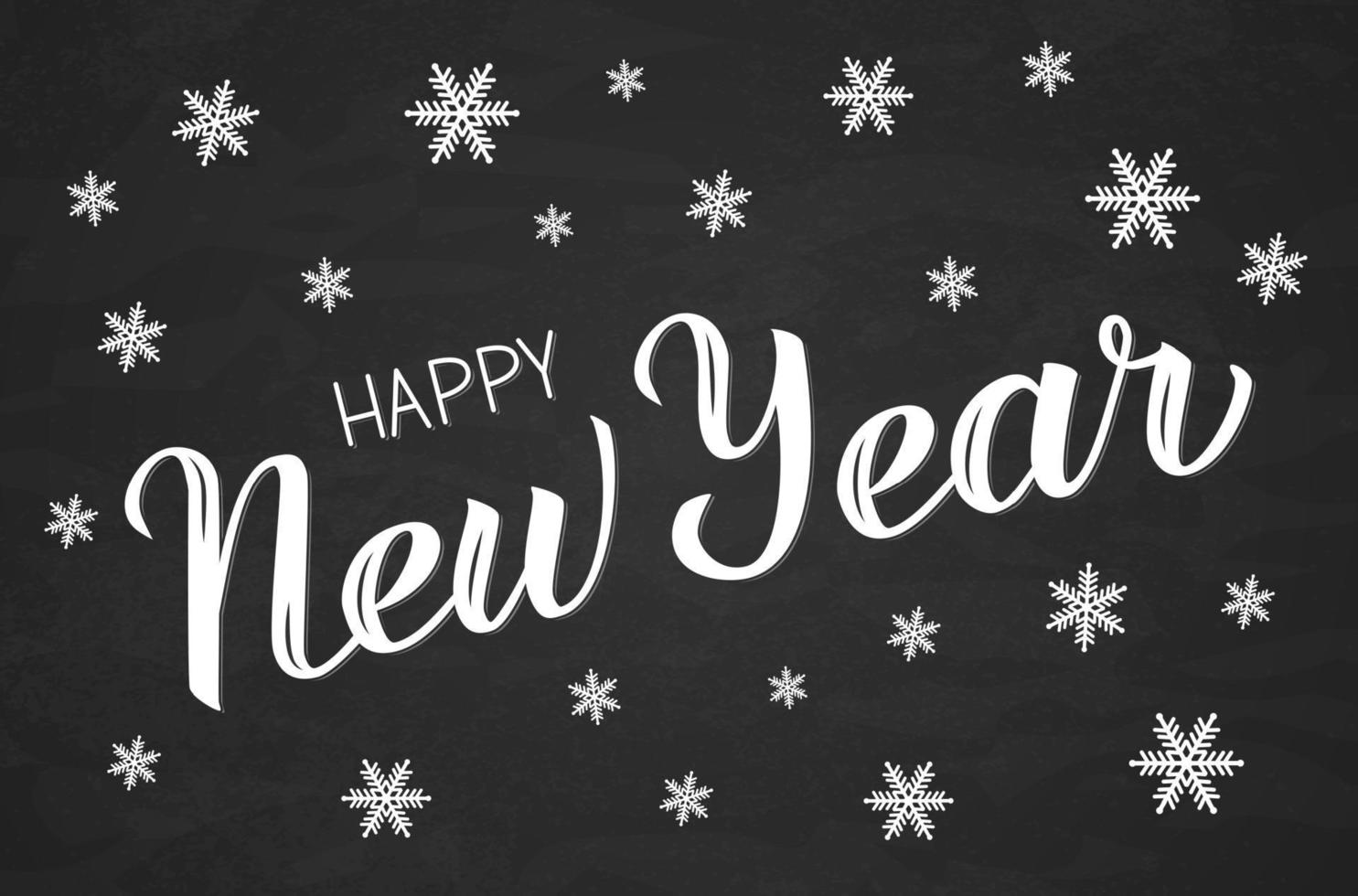 Happy New Year hand drawn calligraphy lettering surrounded by snowflakes on chalkboard. Holidays vector illustration. Easy to edit vector template