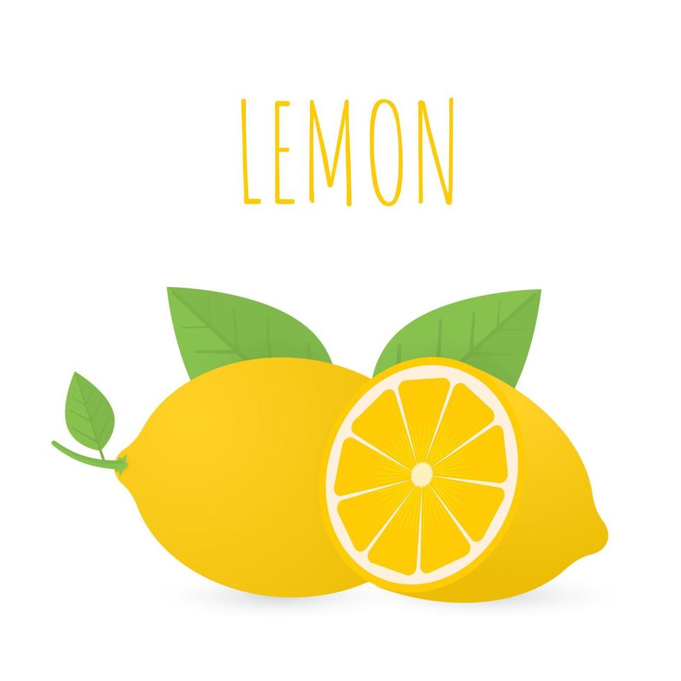 Lemon with leaves vector illustration in flat style. Whole and cut in half lemons. Natural organic citrus fruit isolated on white background.