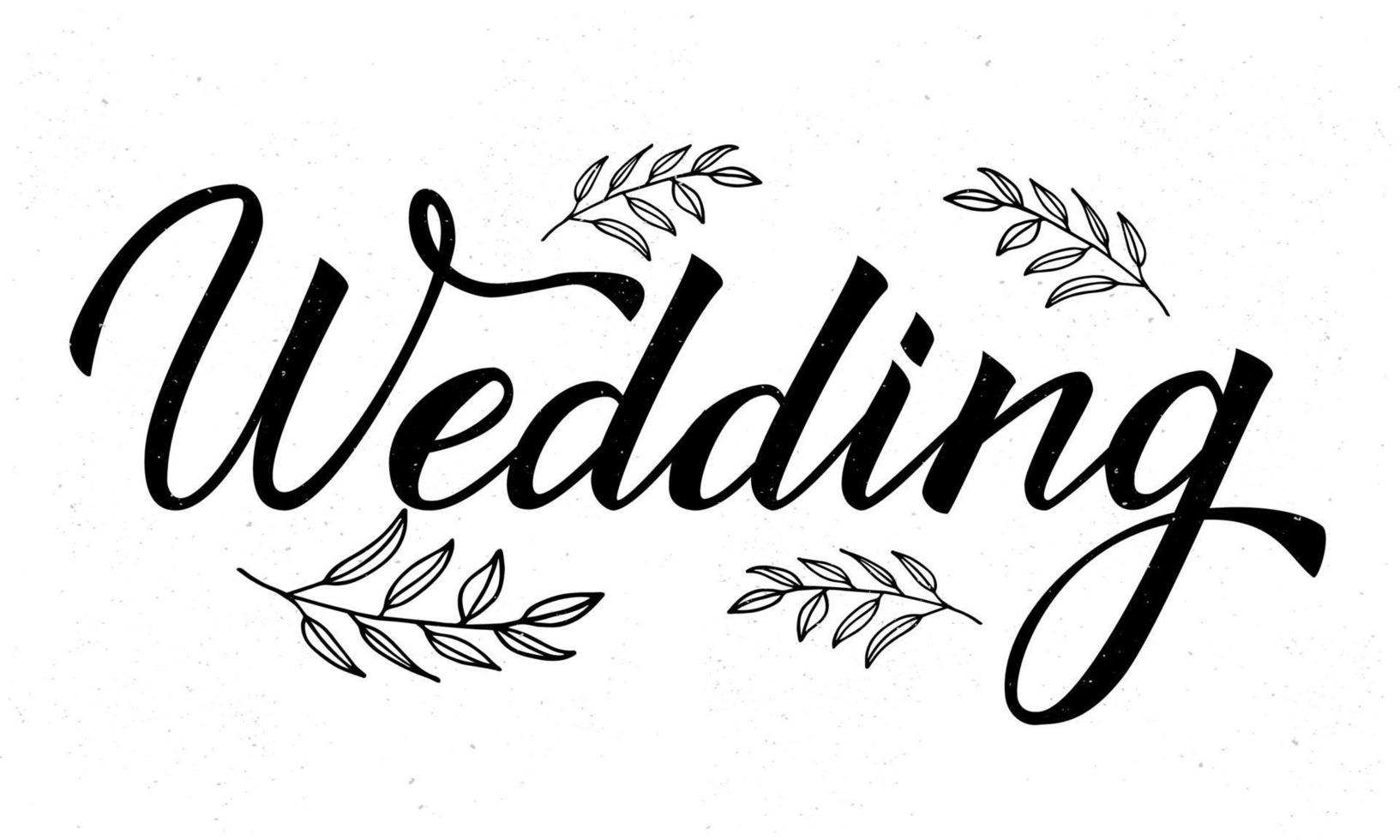 Hand drawn word Wedding with floral elements on white. Calligraphy lettering. Easy to edit vector template
