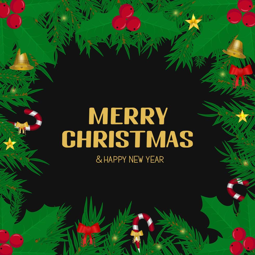 Merry Christmas lettering in frame of fir tree branches and holly berries isolated on white. Winter holidays typography poster. Vector template for banner, greeting card etc