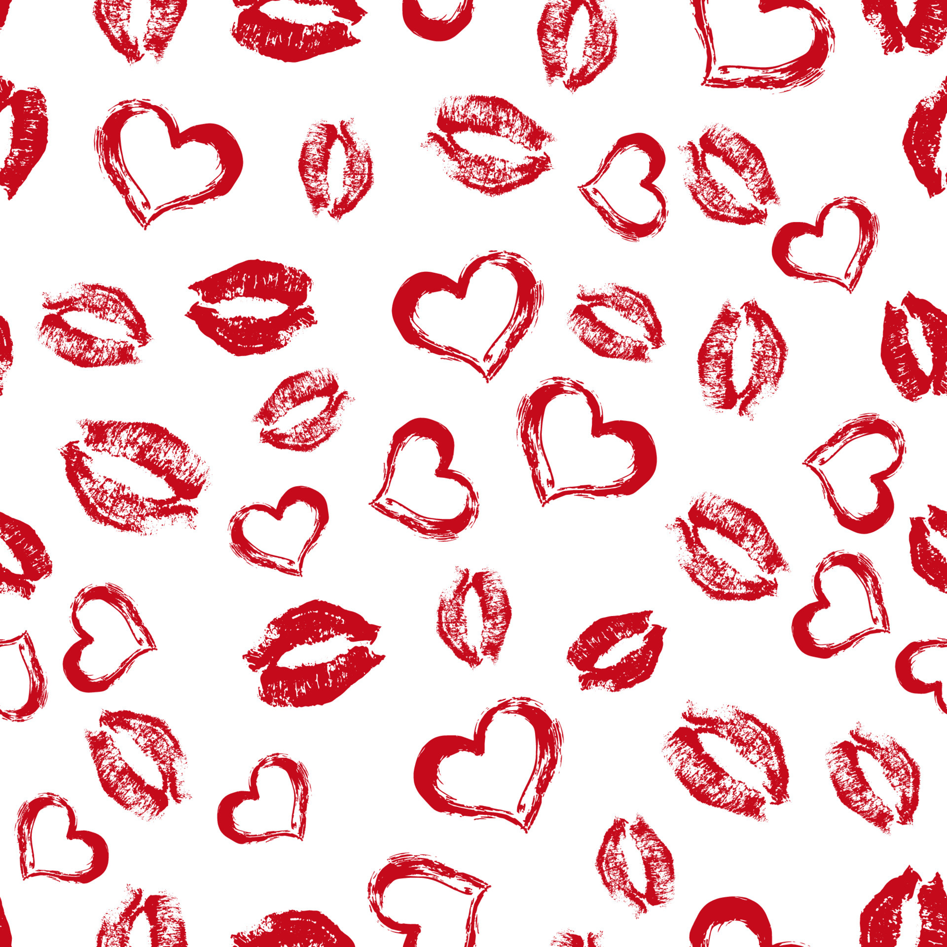 Seamless pattern red lipstick kisses and hearts on white background