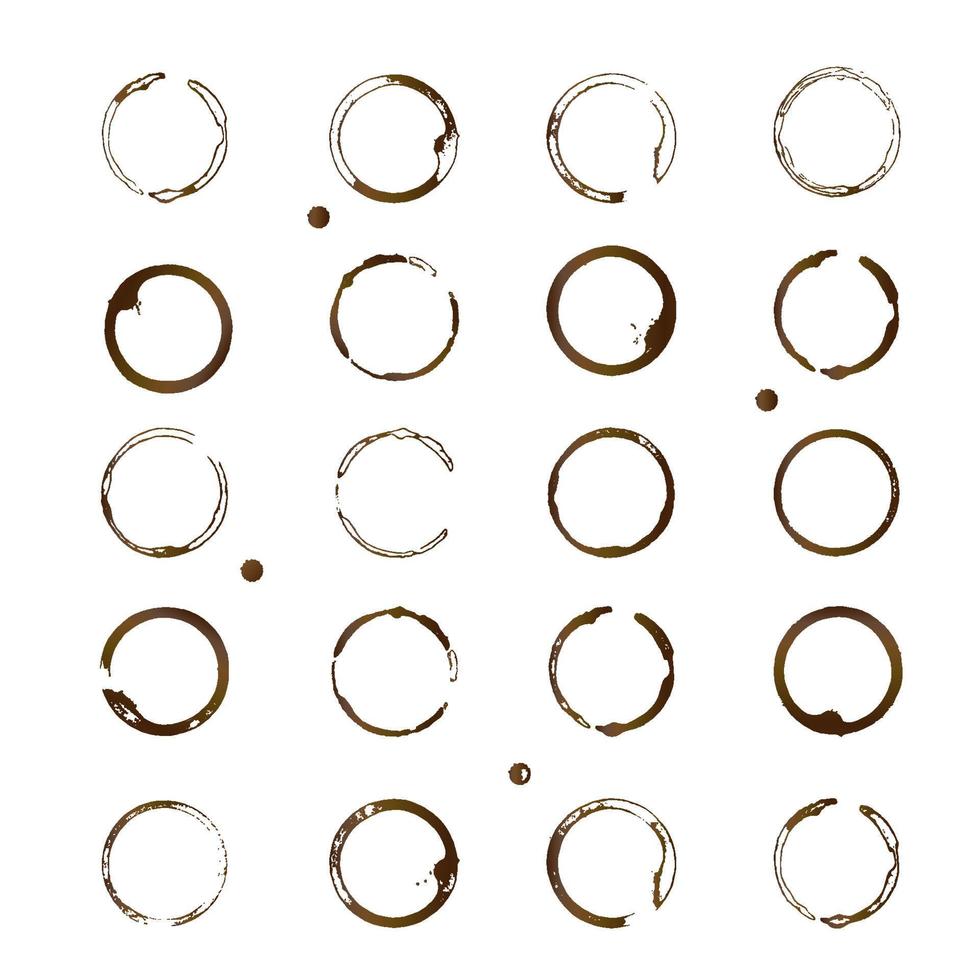 Set of 20 vector coffee stains. Brown coffee cup bottom rings and drop splashes isolated on white. Grunge circles.Design for caf or restaurant menu.