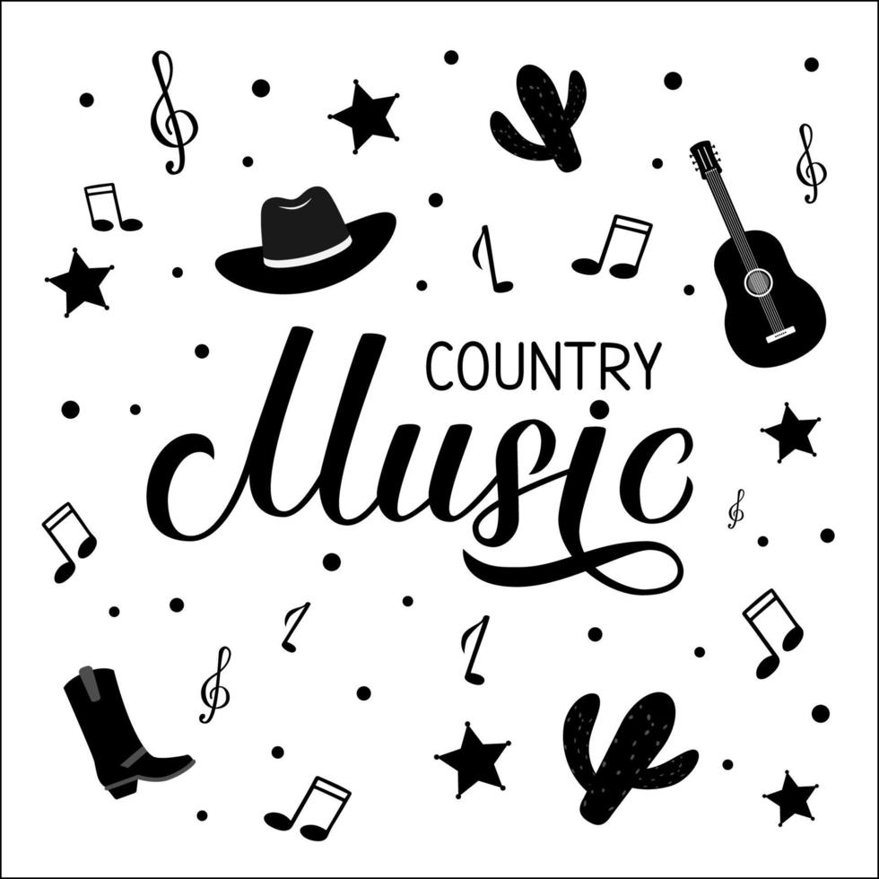 Letras de música country con sombrero, notas y guitarra aislado en blanco. Cartel de tipografía de espectáculo musical de guitarra acústica. plantilla de vector fácil de editar para banner, letrero, logotipo, diseño de volante, invitación.