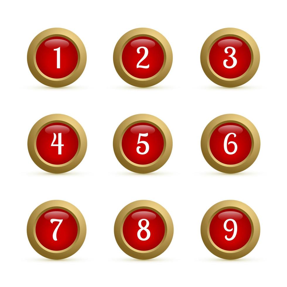 conjunto de botones redondos con números del 1 al 9. botones rojos y dorados brillantes aislados en blanco. insignias numeradas iconos vectoriales. Claves 3d para sitios web y aplicaciones móviles. vector