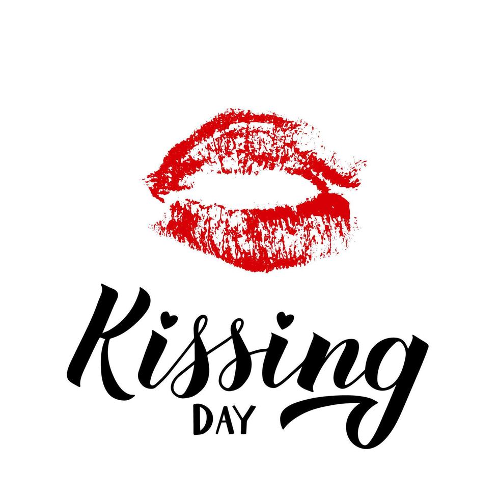 Kissing day hand lettering with red lipstick kiss isolated on white. Easy to edit template for typography poster, banner, sticker, flyer, badge, t-shot, etc. vector