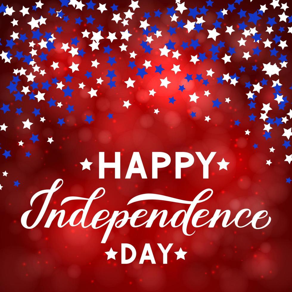 Happy Independence Day calligraphy lettering with stars confetti on bright red background. 4th of July celebration poster. Easy to edit vector template for logo design, greeting card, banner, flyer.