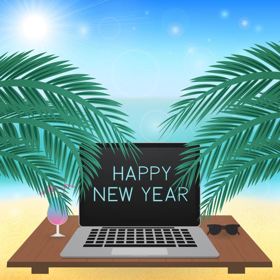 feliz año nuevo en la pantalla del portátil. fiesta de año nuevo en concepto de playa tropical. costa del mar y palmeras. vector