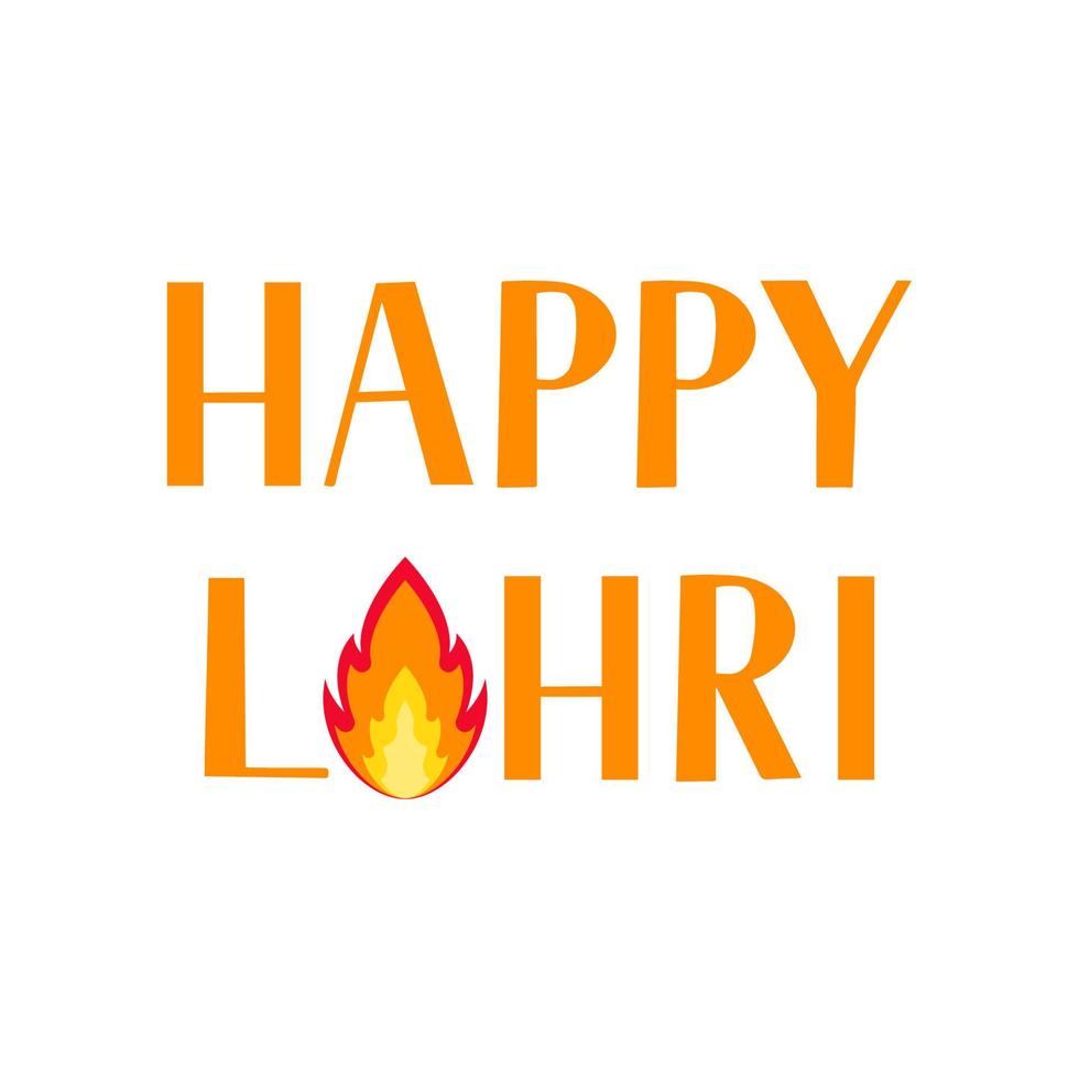 Happy Lohri lettering with fire isolated on white background. Traditional Indian festival of winter solstice. Hindu celebration poster. Vector template for greeting card, invitation, banner, flyer.