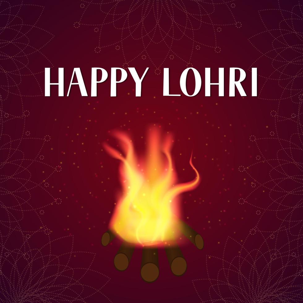 Happy Lohri lettering with fire on dark background. Indian Traditional Indian festival of winter solstice. Hindu celebration poster. Vector template for greeting card, party invitation, banner, flyer.