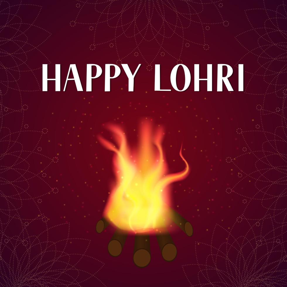 Letras de lohri feliz con fuego sobre fondo oscuro. festival indio tradicional indio del solsticio de invierno. cartel de celebración hindú. plantilla de vector para tarjeta de felicitación, invitación a una fiesta, banner, flyer.