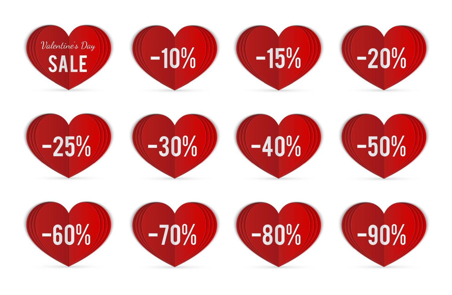 Valentine s day sale tags on folded paper hearts. Set of special offer discount percent labels. Vector illustration. Easy to edit elements of design for shop advertising and promotion.