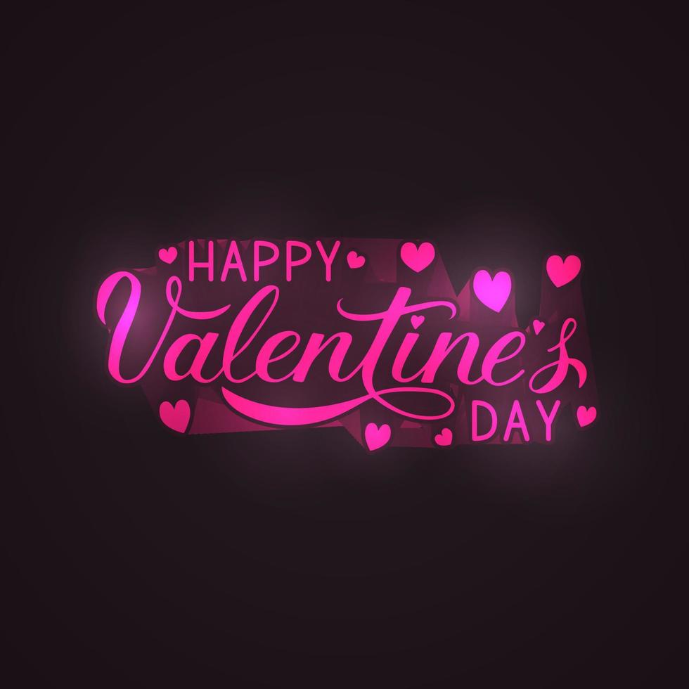 Happy Valentines Day calligraphy lettering with neon effect on black background. Easy to edit vector template for Valentine s day greeting card, party invitation, poster, flyer, banner etc.