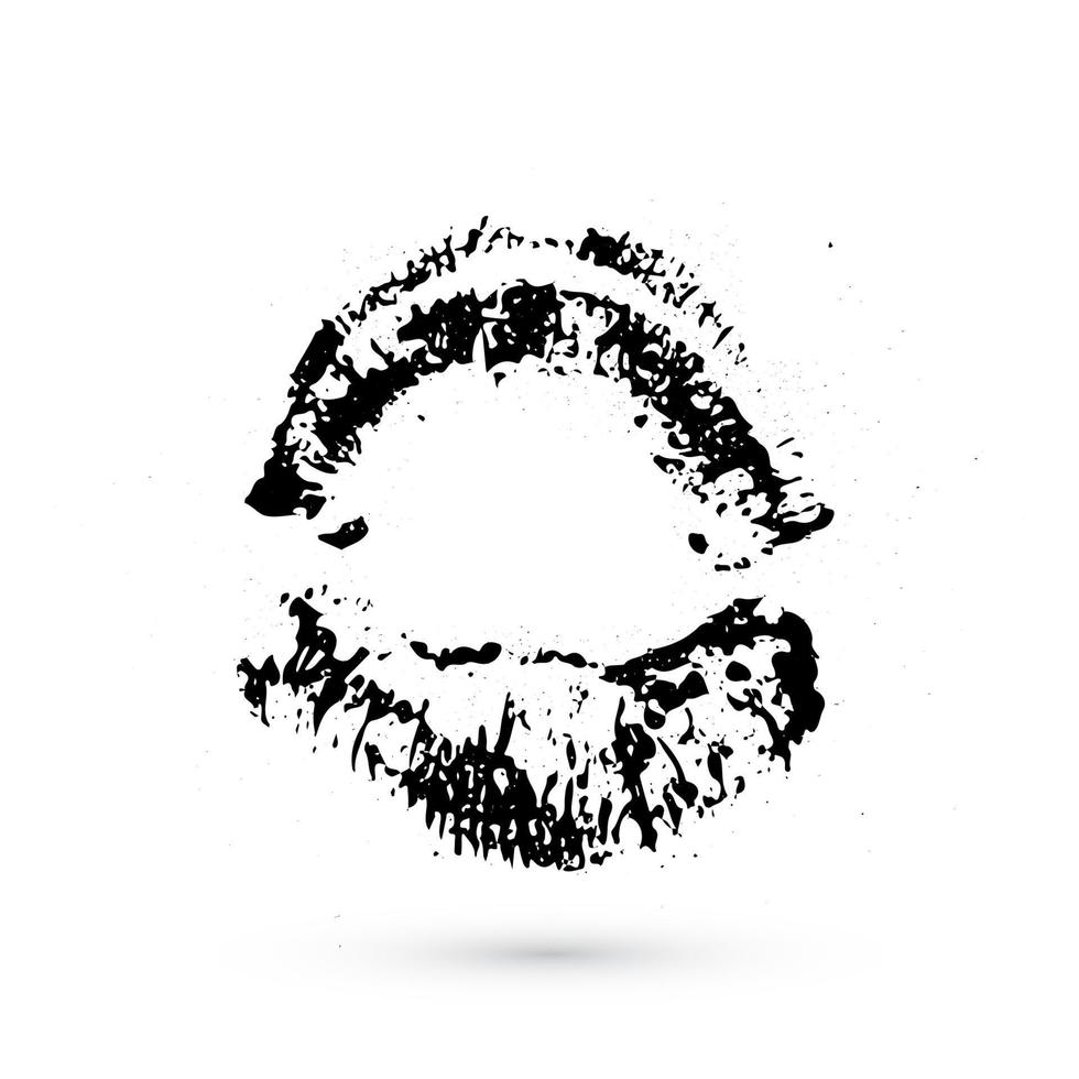 Black lipstick kiss on white background. Grunge imprint of the lips. Kiss mark vector illustration. Open mouth print. Easy to edit element of design.