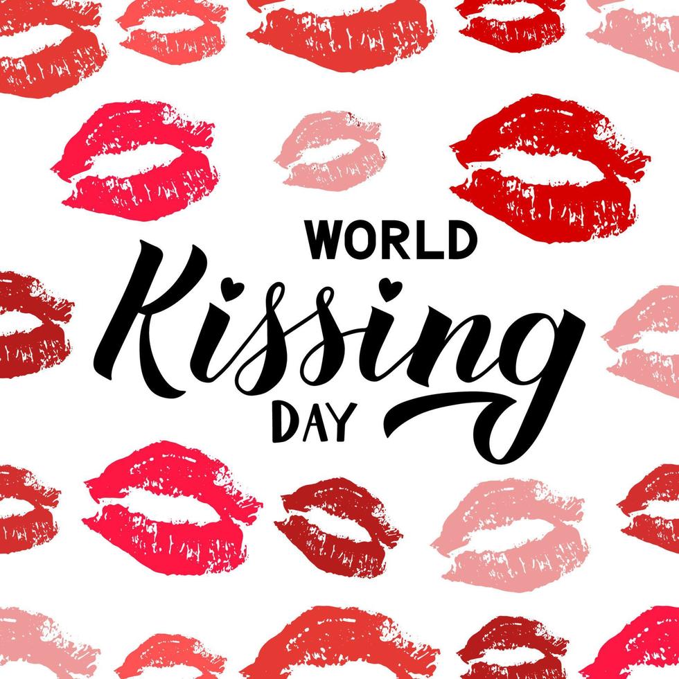 Letras de la mano del día mundial del beso con beso de lápiz labial rojo y rosa aislado en blanco. huellas de labios. plantilla fácil de editar para póster de tipografía, pancarta, pegatina, volante, insignia, t-shot, etc. vector