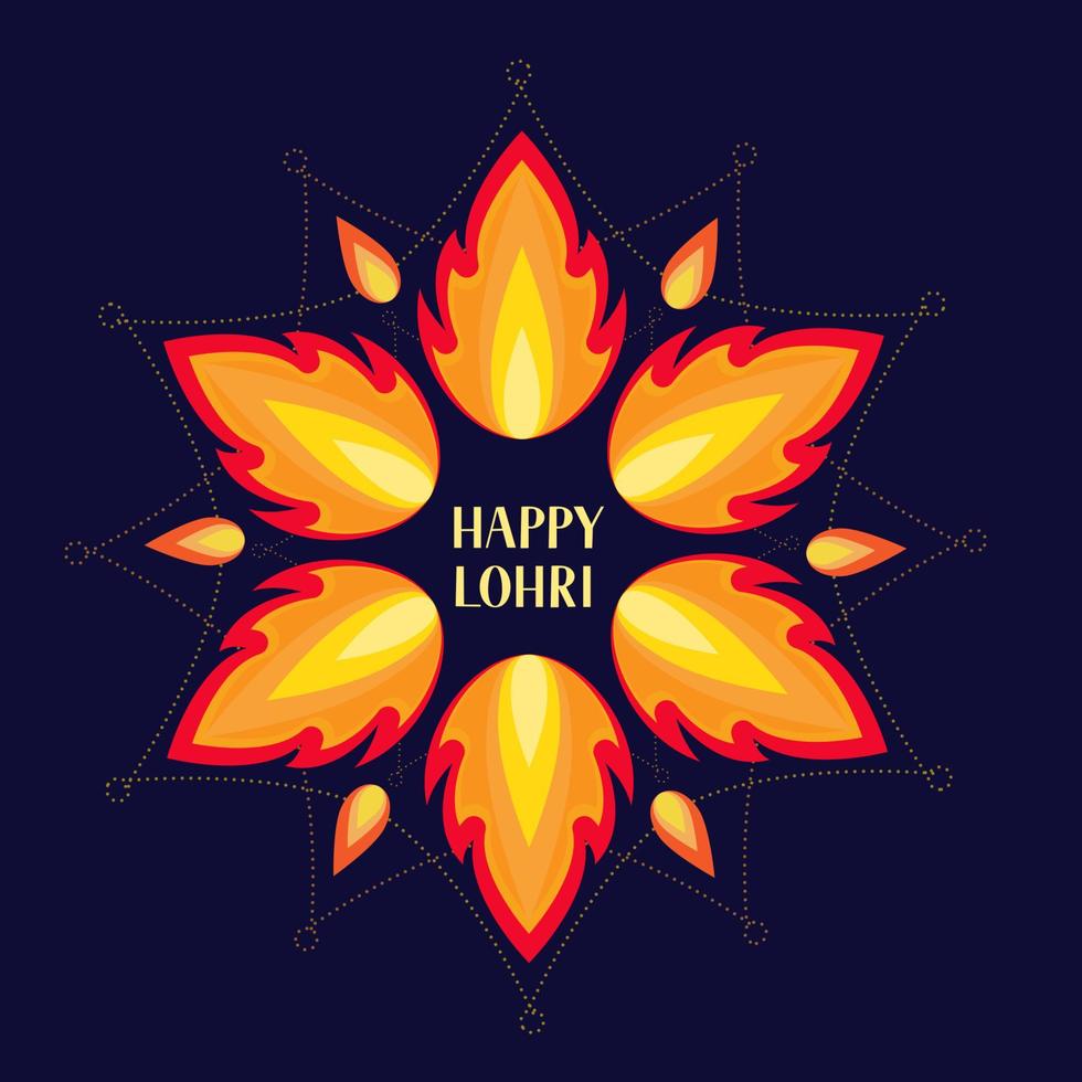 Happy Lohri lettering with colorful mandala. Indian Traditional Indian festival of winter solstice. Hindu celebration poster. Vector template for greeting card, party invitation, banner, flyer.