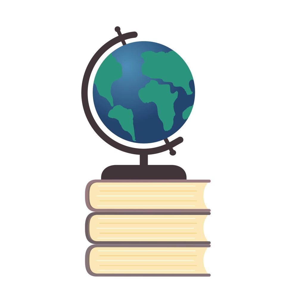 Globe on a stack of books. Flat vector illustration. Workplace of the student. Back to school. Education concept. Design template for your artworks, websites, social media etc.