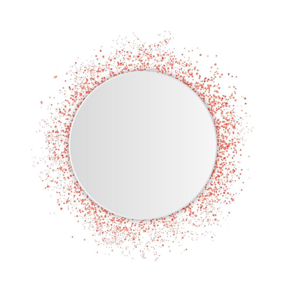 Confetti in shades of living coral and 3d circle paper plate with copy space. The color of 2019 year. Scattered sparkles dots. Shiny dust vector background. Rose gold glitter texture effect.