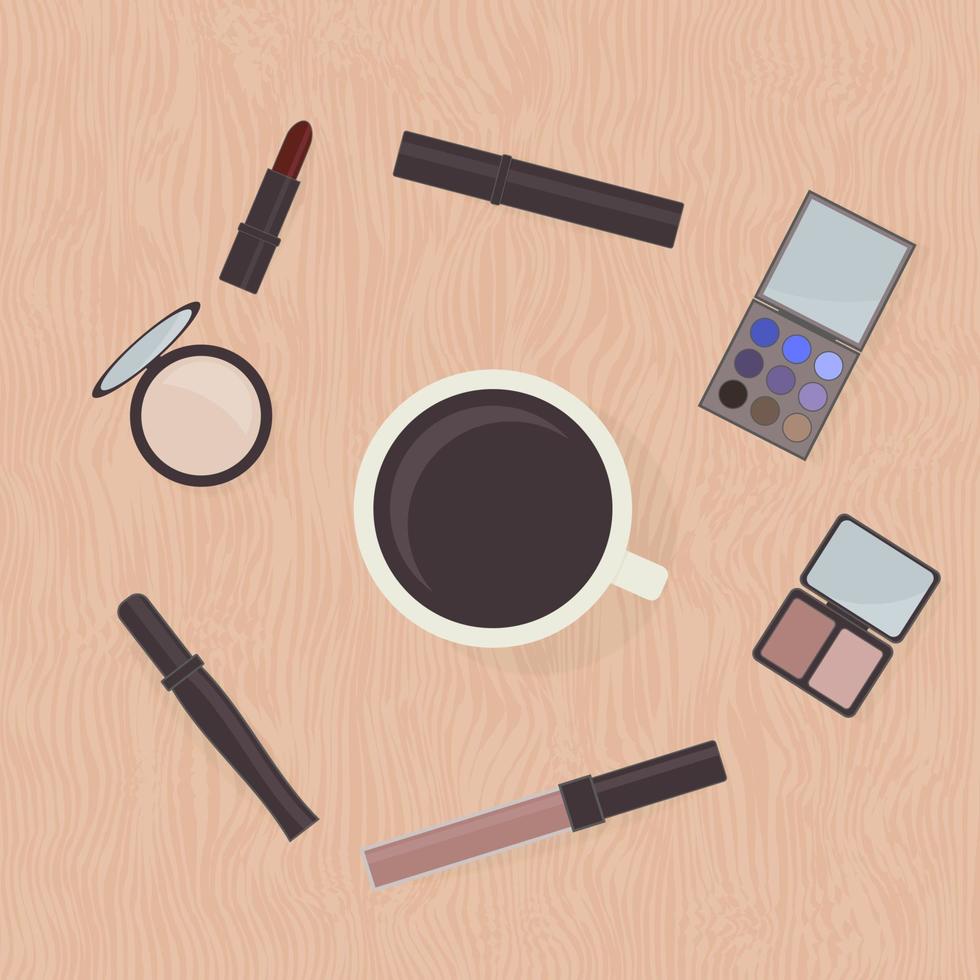 accesorios cosméticos laicos planos y taza de café sobre la superficie de la mesa de madera. concepto de moda y glamour. diseño vectorial para salones de belleza, bloggers, redes sociales, sitios web, etc. vector