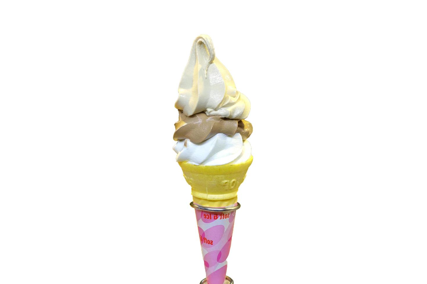 ice cream vanilla and chocolate flavor frozen dessert pattern in waffle cone holding on white. photo