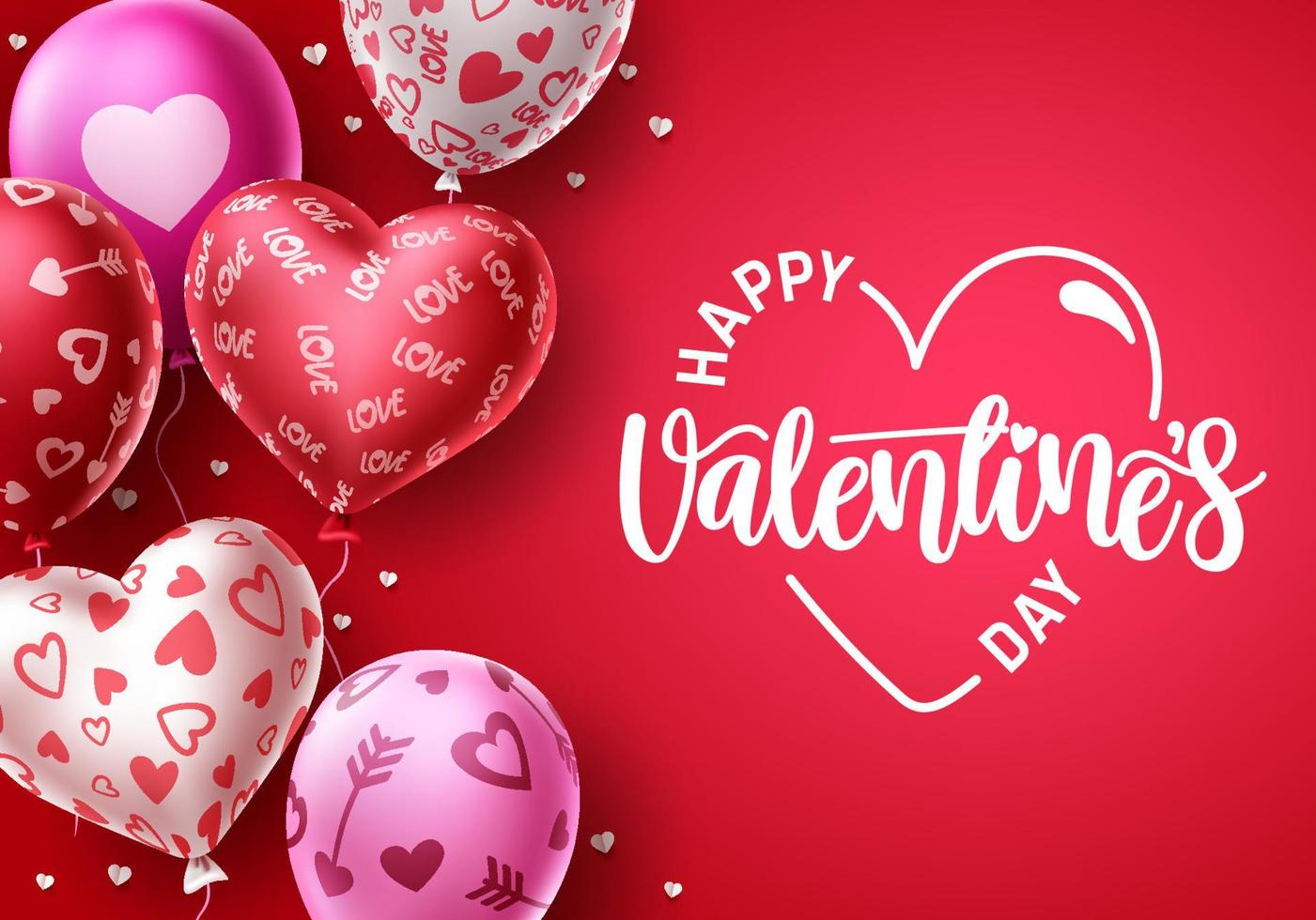 Happy valentines day heart balloons vector background. Valentine's day greeting text with heart shape and pattern balloon elements in red background. Vector illustration.