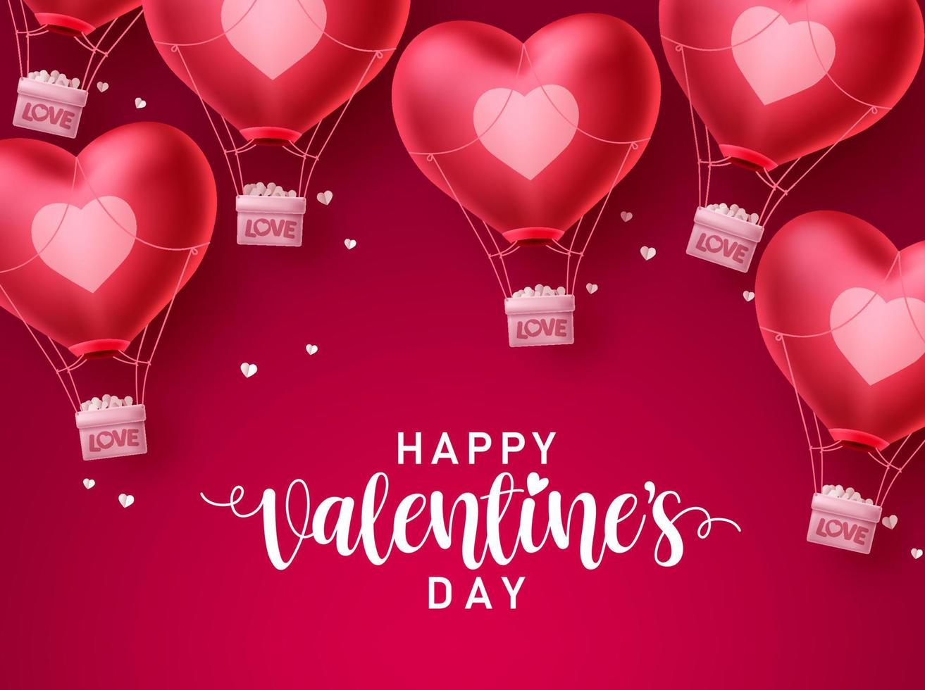 Valentines day heart love balloons vector design. Happy valentines day greeting text with flying heart air balloon elements in red background. Vector Illustration.