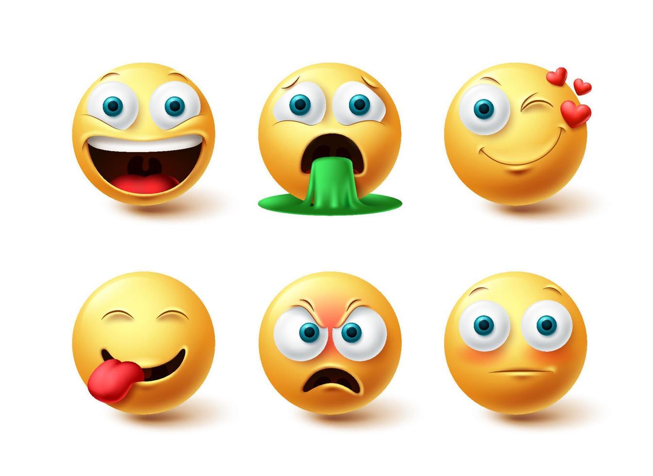 conjunto de vectores emoji. emoticon feliz, guiñando un ojo y enojado colección de expresiones faciales aisladas en fondo blanco para elementos de diseño gráfico. ilustración vectorial