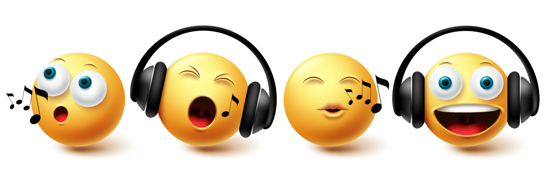Emoji music emoji vector set. Emoticon with headphones singing and