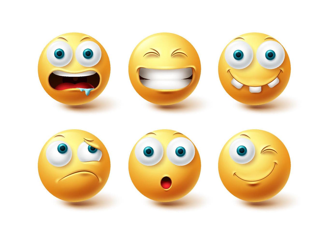 Emoji funny vector set. Emojis yellow emoticon funny, happy and disappointed icon collection isolated in white background for graphic elements design. Vector illustration
