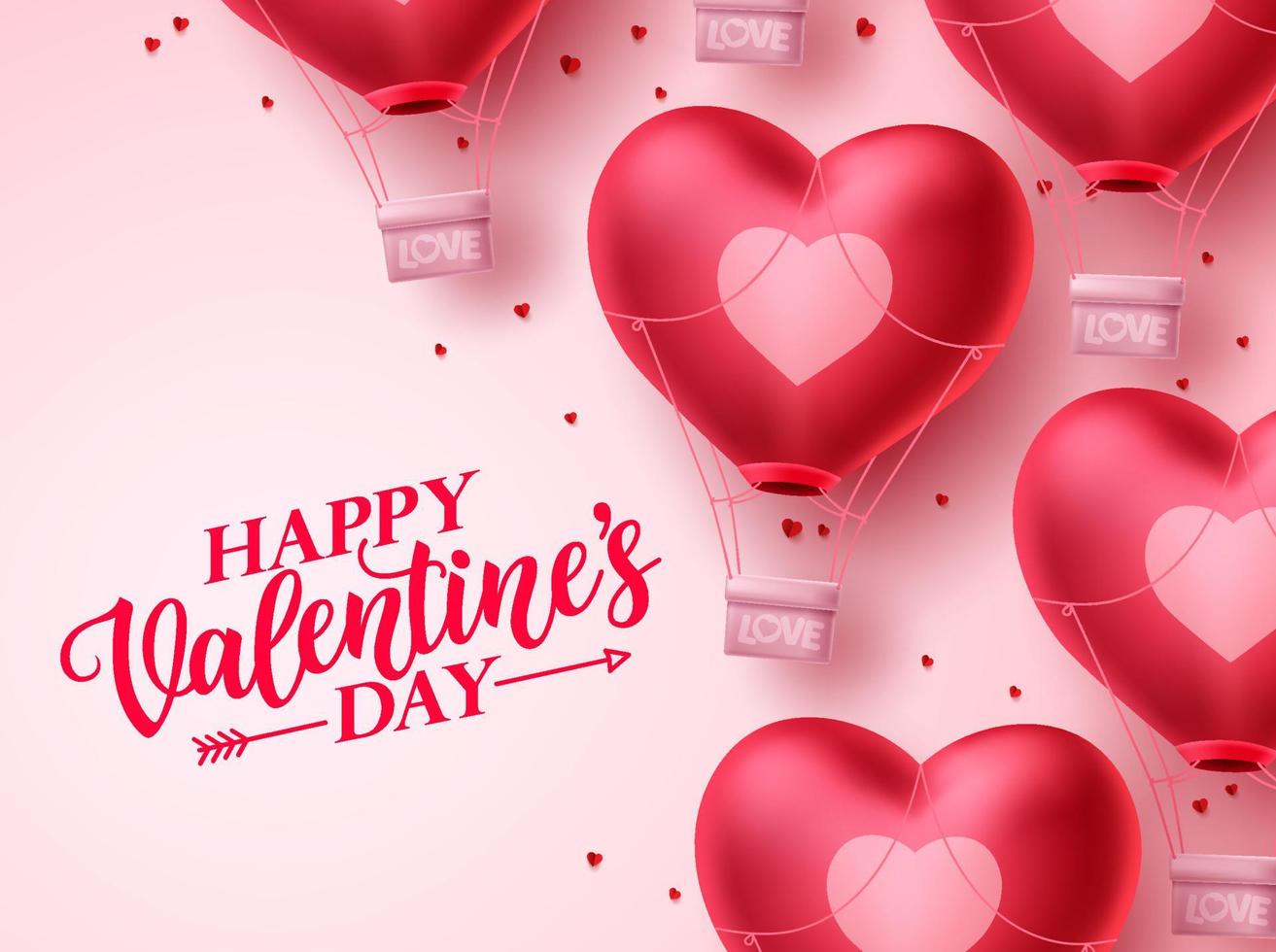 Fondo de vector de globo de corazón de feliz día de San Valentín. texto de saludo del día de San Valentín con elementos de globo de aire de corazón volador en fondo blanco. ilustración vectorial.