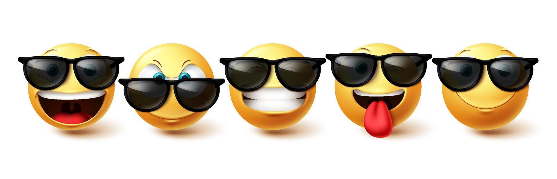 Emoji face vector set. Emojis cool face collection in happy, funny and cute facial expressions isolated in white background for character emoticon design . Vector illustration