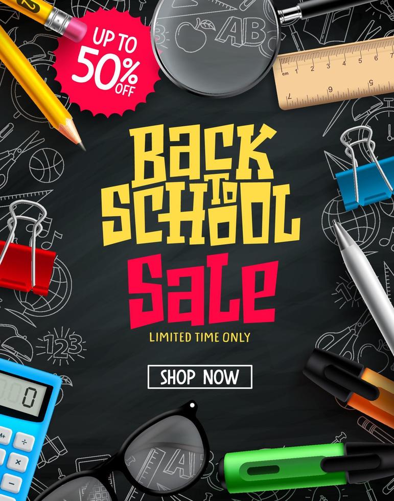 Back to school sale vector poster design. Back to school promotion text with educational supplies in black background . Vector illustration