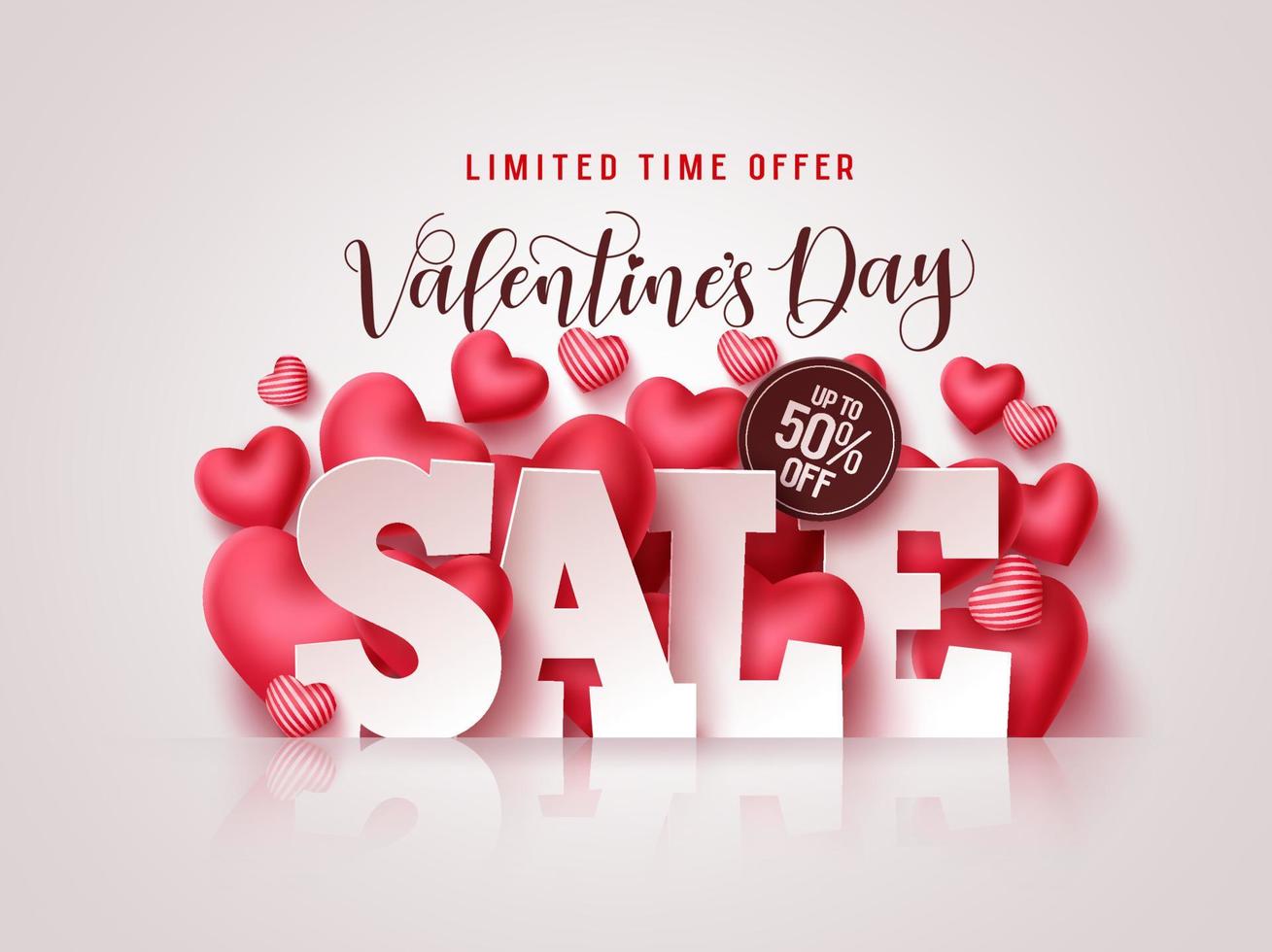 Valentines day sale vector banner. Valentines day sale 3D text with heart shapes elements in white background for discount promotion. Vector illustration.