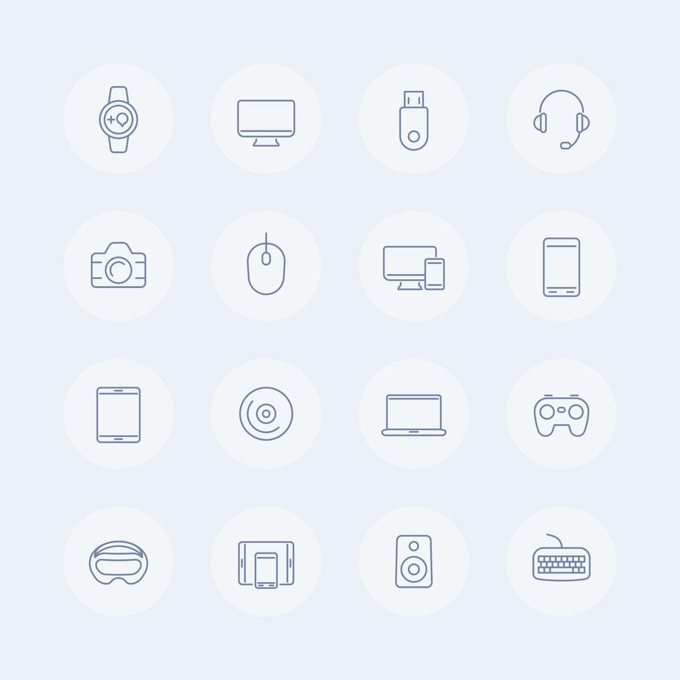 Modern gadgets thin line icons, vr devices, wearable gadget, electronics, vr glasses, gadgets icons, symbols, vector illustration