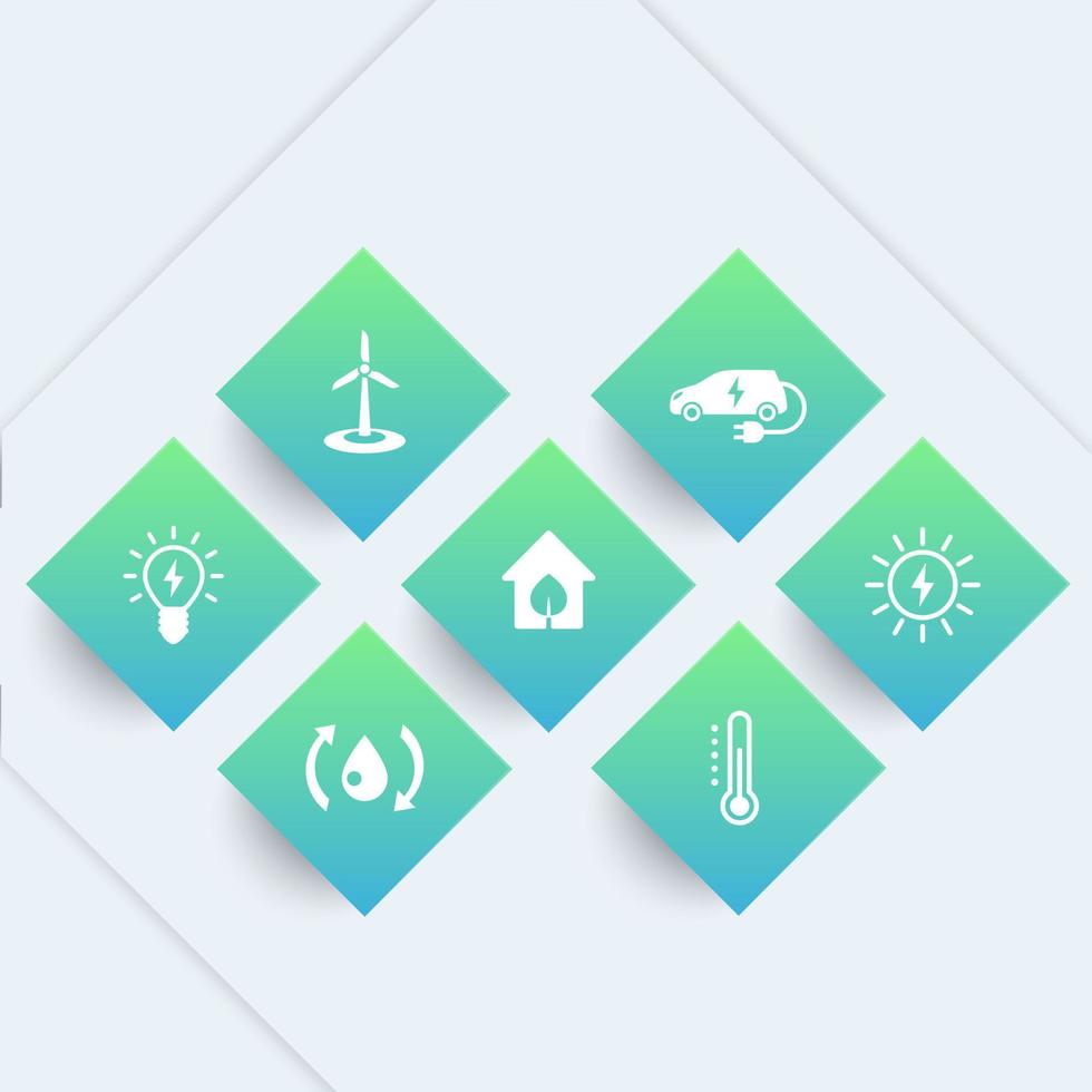 Green ecologic house icons, modern, ecofriendly, energy saving technologies, pictograms on geometric shapes vector