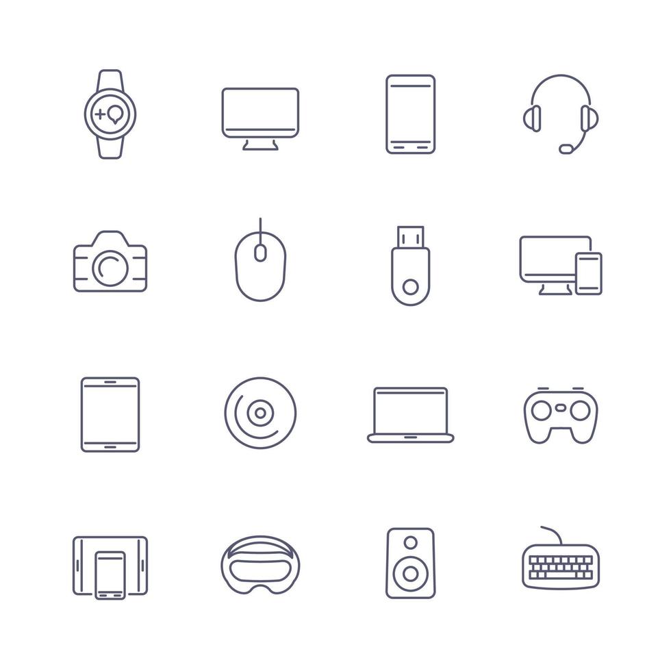 Conjunto de iconos de línea de gadgets modernos, dispositivos portátiles, pictogramas de electrónica aislados en blanco vector