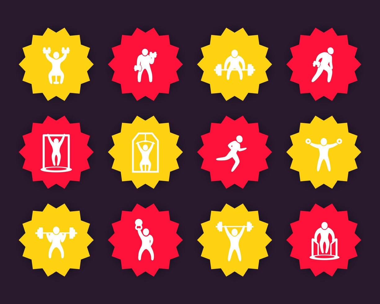 Gym, fitness exercises icons vector