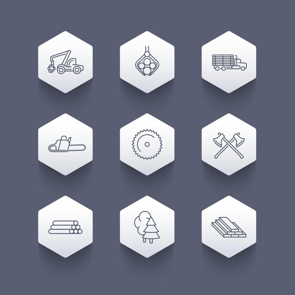 Logging, forestry, timber, tree harvester, sawmill, logging truck, line hexagon icons, logging pictograms, vector illustration