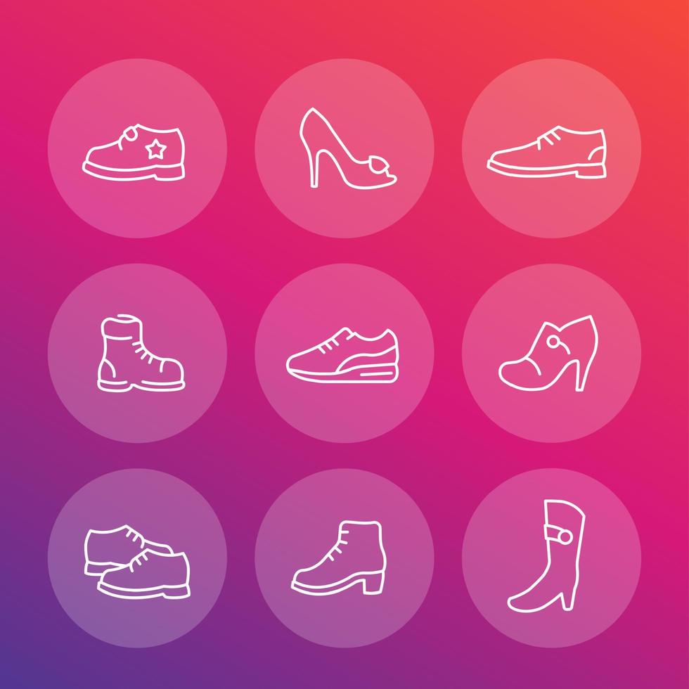 conjunto de iconos de línea de zapatos, botas hasta la rodilla, zapatillas de deporte, tacones, bomba de plataforma, zapatos abiertos vector