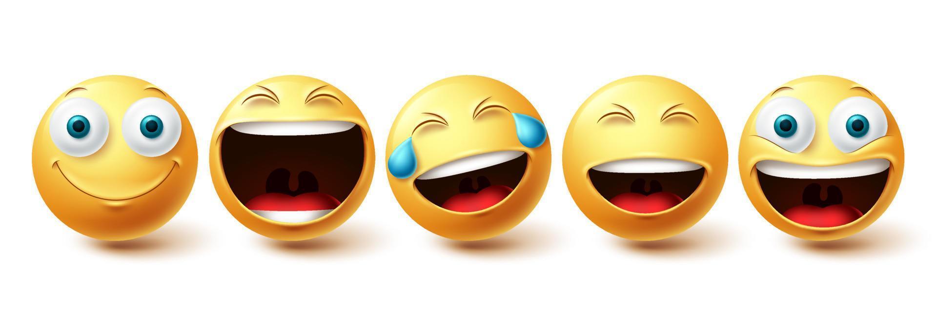 Conjunto de vector de cara feliz emoji. Caras de emojis y emoticonos expresiones faciales alegres, frescas, divertidas y alegres aisladas en fondo blanco. ilustración vectorial