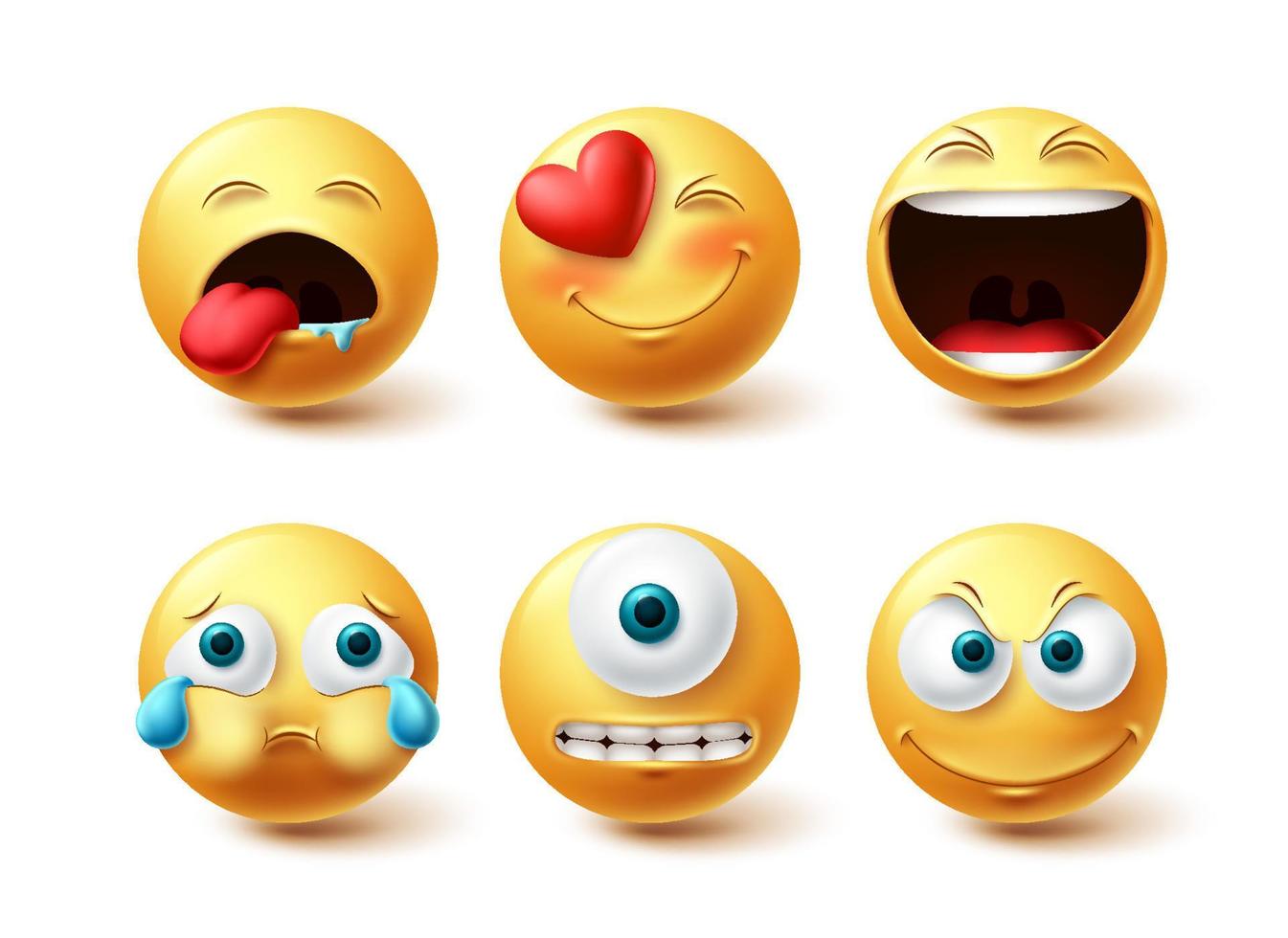 conjunto de vectores emoji. Emoticon feliz, lindo, llorando y colección de iconos de ojo de cíclope amarillo aislado en fondo blanco para el diseño de elementos gráficos. ilustración vectorial