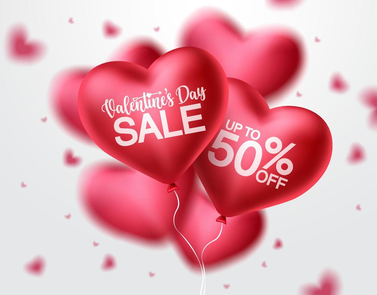 Valentines day sale heart balloon vector banner design. Happy valentines day sale promotion text with red heart balloon elements in blurred background. Vector illustration.