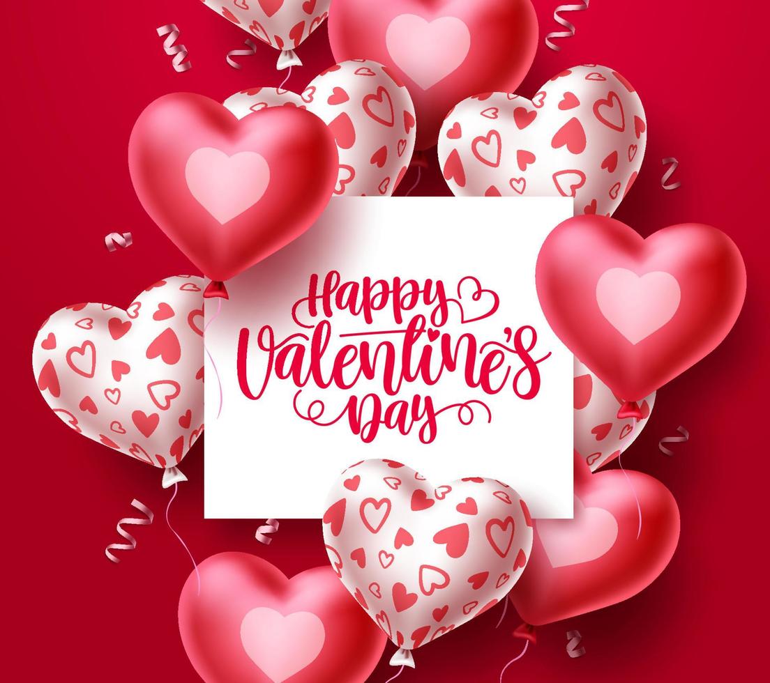 Happy valentines day with heart balloons vector background template. Valentine greeting text in white space with red heart balloon elements in red background. Vector Illustration.