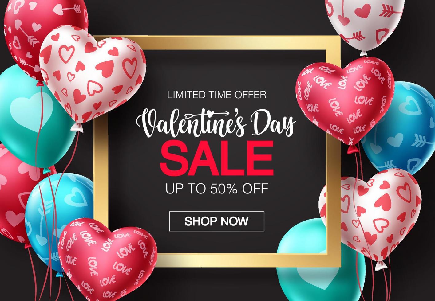 Diseño de banner de vector de globos de venta de día de San Valentín. Texto de promoción de venta de feliz día de San Valentín con globos de colores y elementos de corazón en fondo negro. ilustración vectorial.