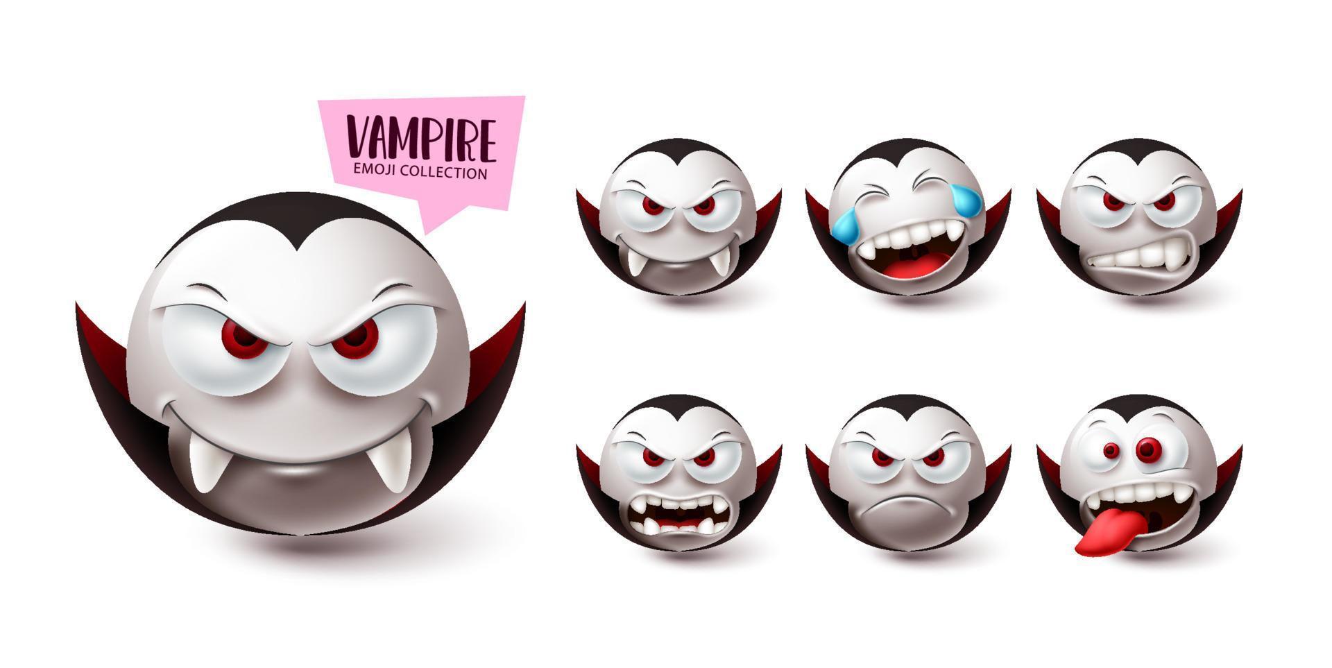 vampiro emoji vector set. emojis colección de iconos de personaje de mascota de halloween aislado en fondo blanco para elementos de diseño gráfico. ilustración vectorial