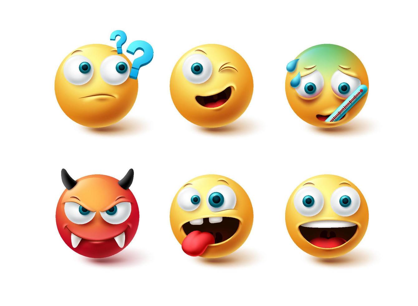 conjunto de vectores emoji. emoticon amarillo y rojo colección de iconos expresión facial aislada en fondo blanco para elementos de diseño gráfico. ilustración vectorial