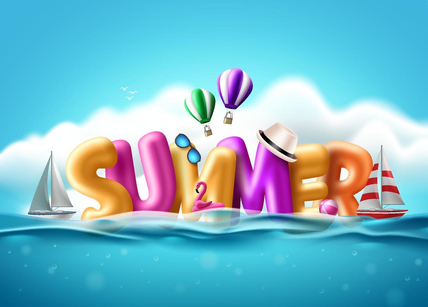 Summer balloon text vector design. Summer 3d text balloons floating in water with beach elements in blue sky background for holiday season vacation. Vector illustration.